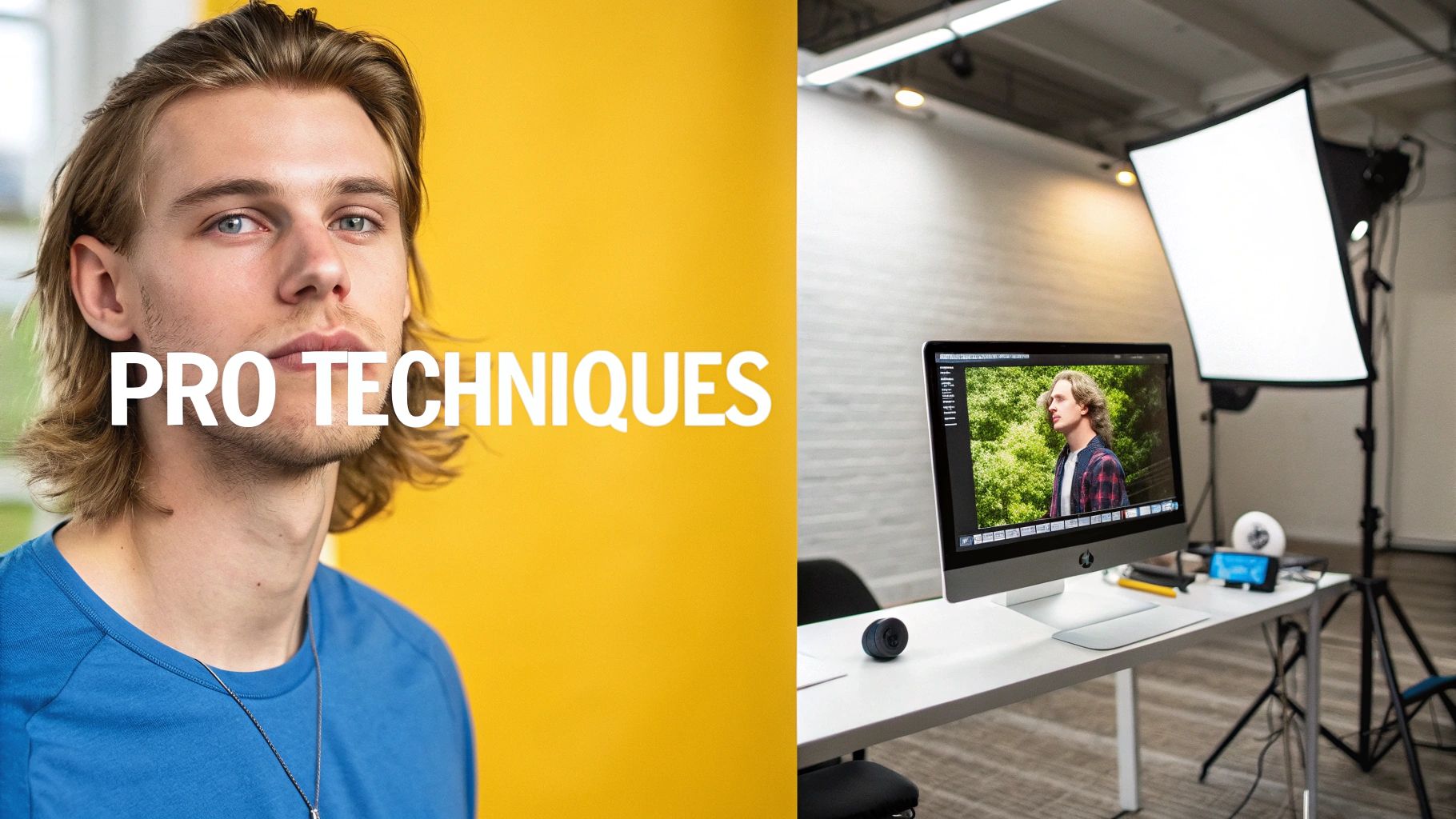 A split image shows a man with "PRO TECHNIQUES" text, and a photo studio with a computer displaying a portrait.
