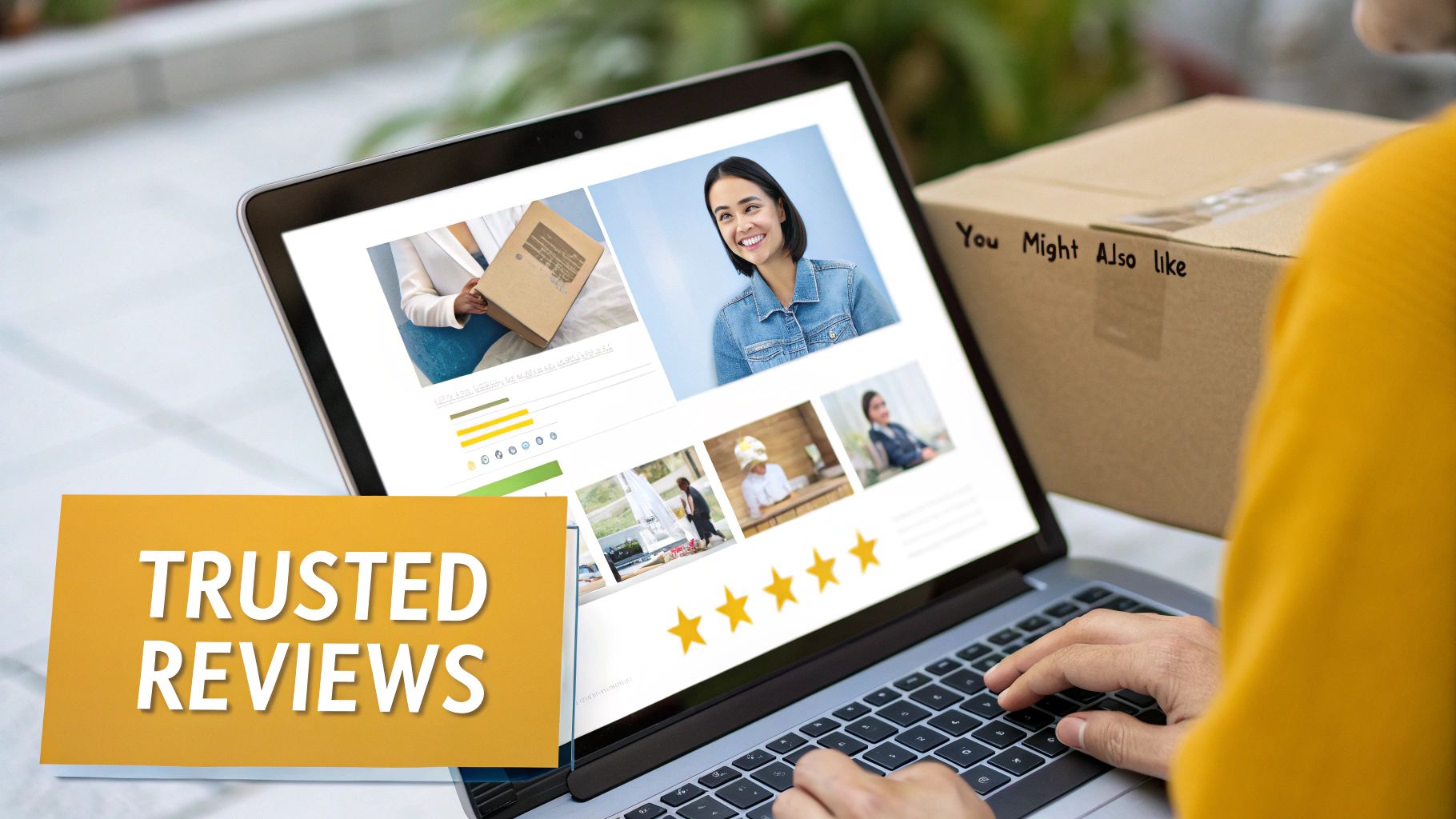 A person reviewing products on a laptop with 'TRUSTED REVIEWS' text and a package on the side.