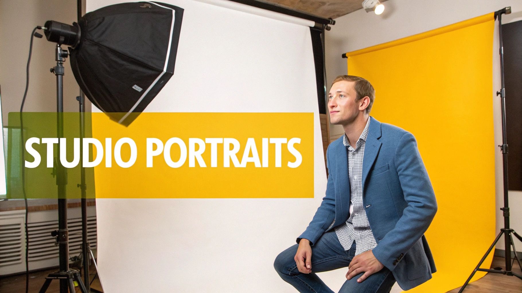 A man in a blue blazer poses in a professional photography studio with lights and backdrops.