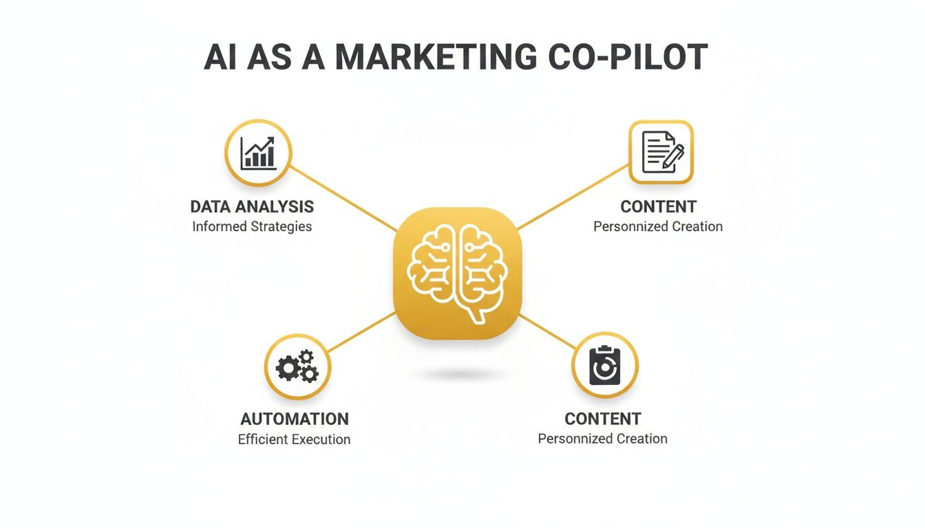 A diagram illustrating AI as a marketing co-pilot, connecting data analysis, content creation, and automation.