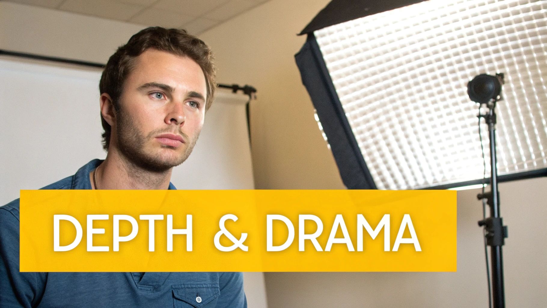 A young man in a photography studio with a large softbox light for a headshot.