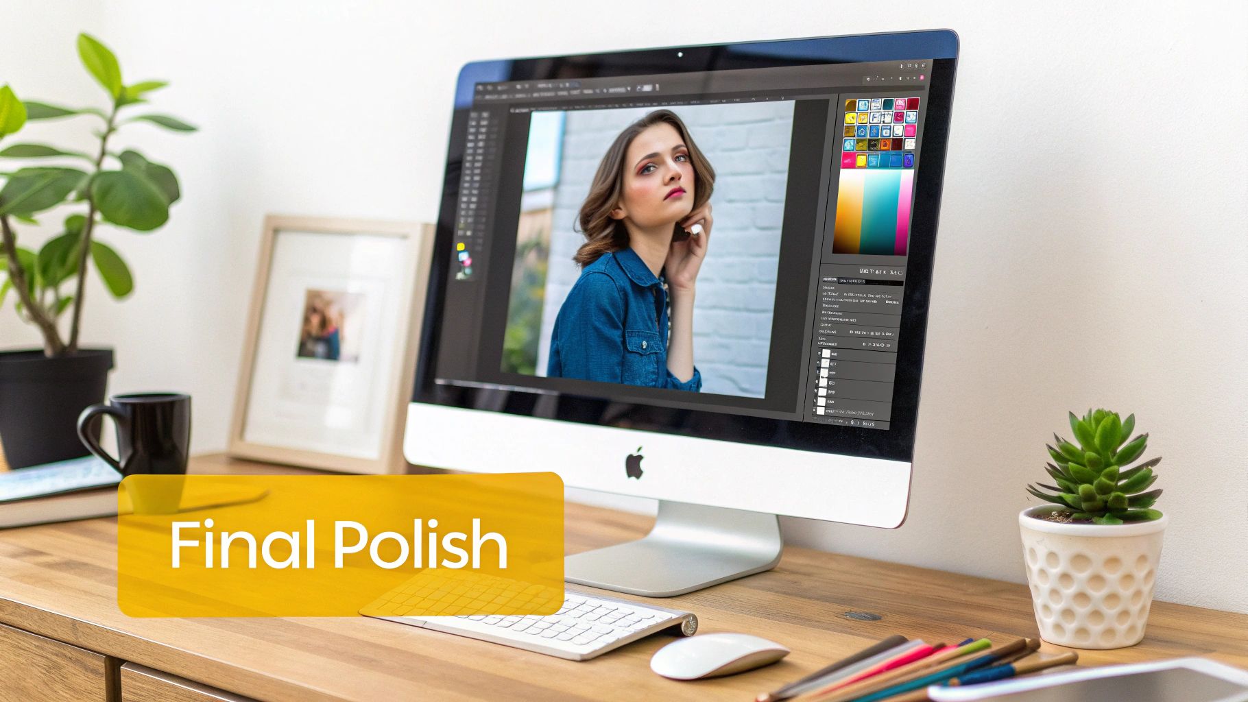 A desktop computer displays a woman's portrait being edited in a photo software on a tidy wooden desk.