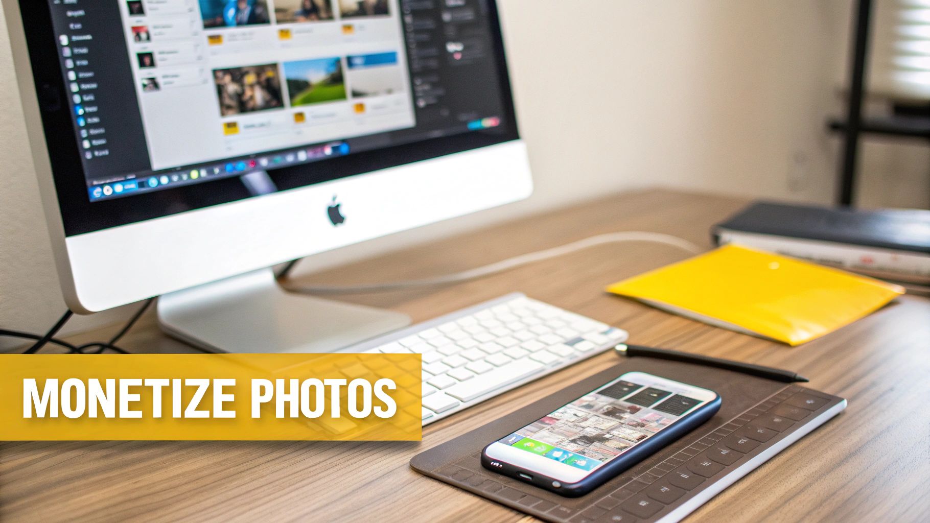 A desk setup with an iMac and a smartphone displaying photo galleries, implying digital photography work.