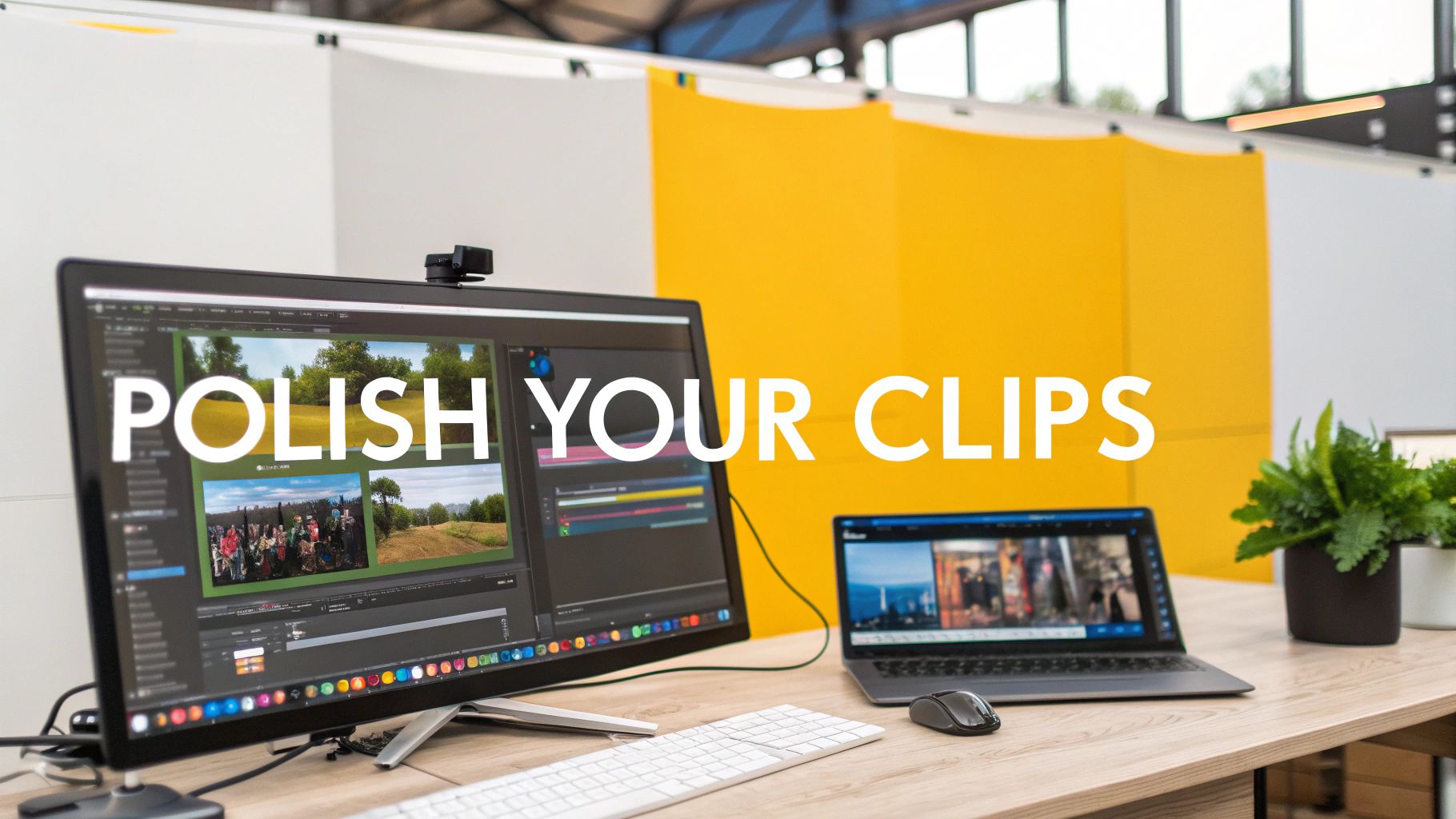A professional video editing setup with a large monitor displaying clips and text 'POLISH YOUR CLIPS', with a laptop and accessories.