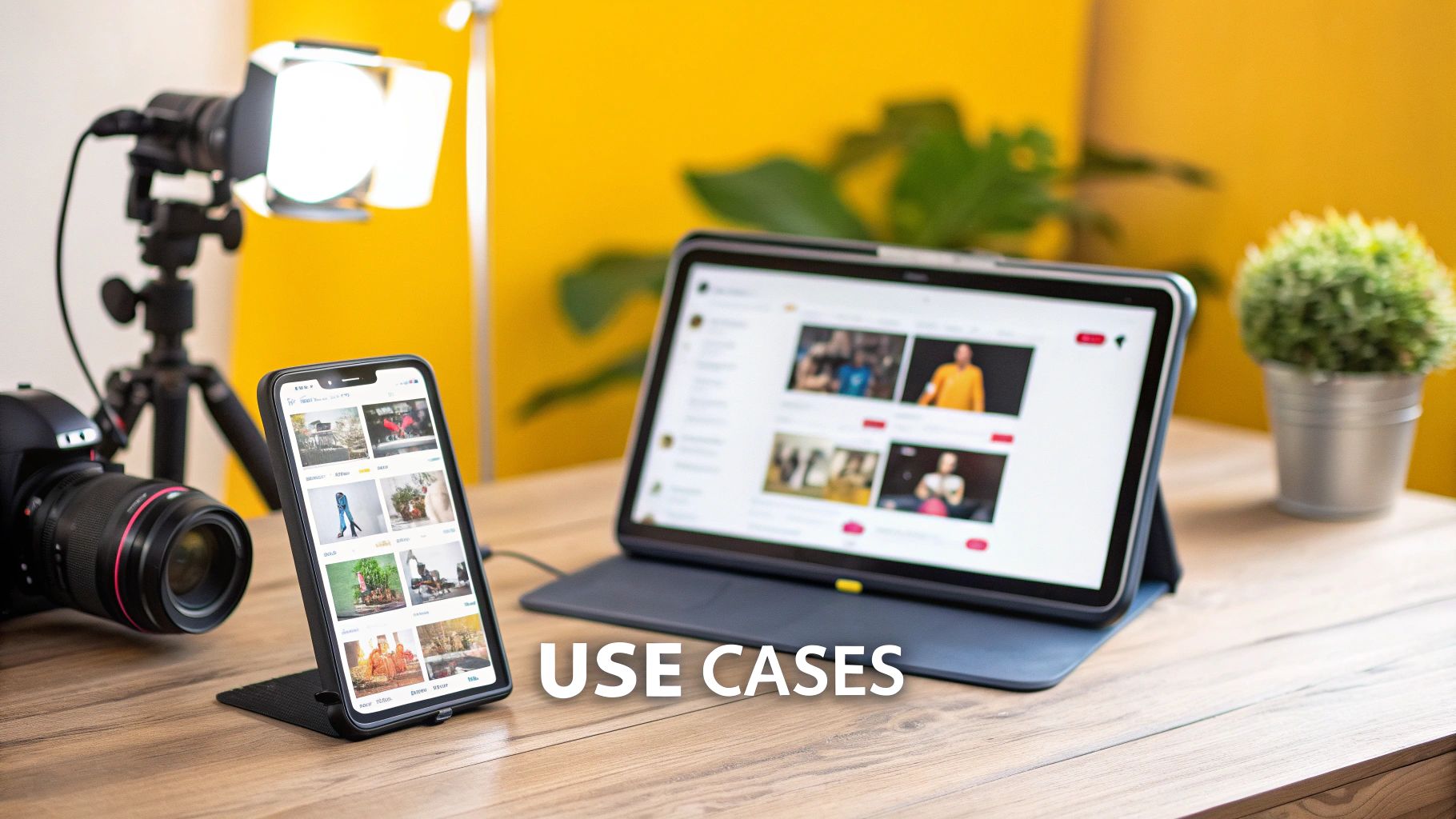 Desk setup with a camera, smartphone, and tablet displaying diverse content for media creation.