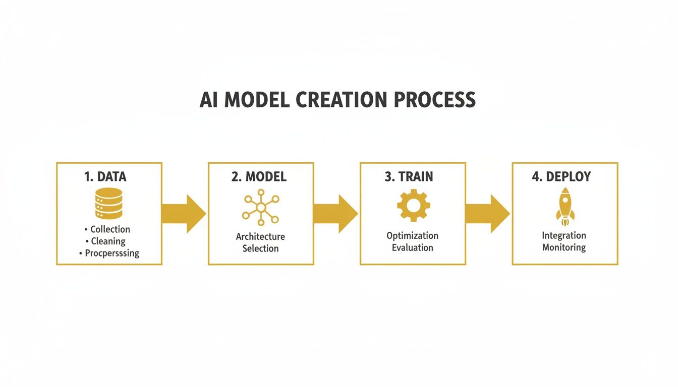 A flowchart illustrates the four-step AI model creation process: Data, Model, Train, and Deploy, with key sub-processes.