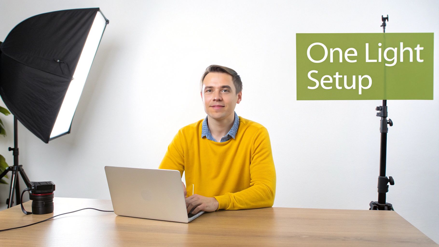 Man demonstrating a one-light setup with a softbox for headshots, sitting at a desk with a laptop.