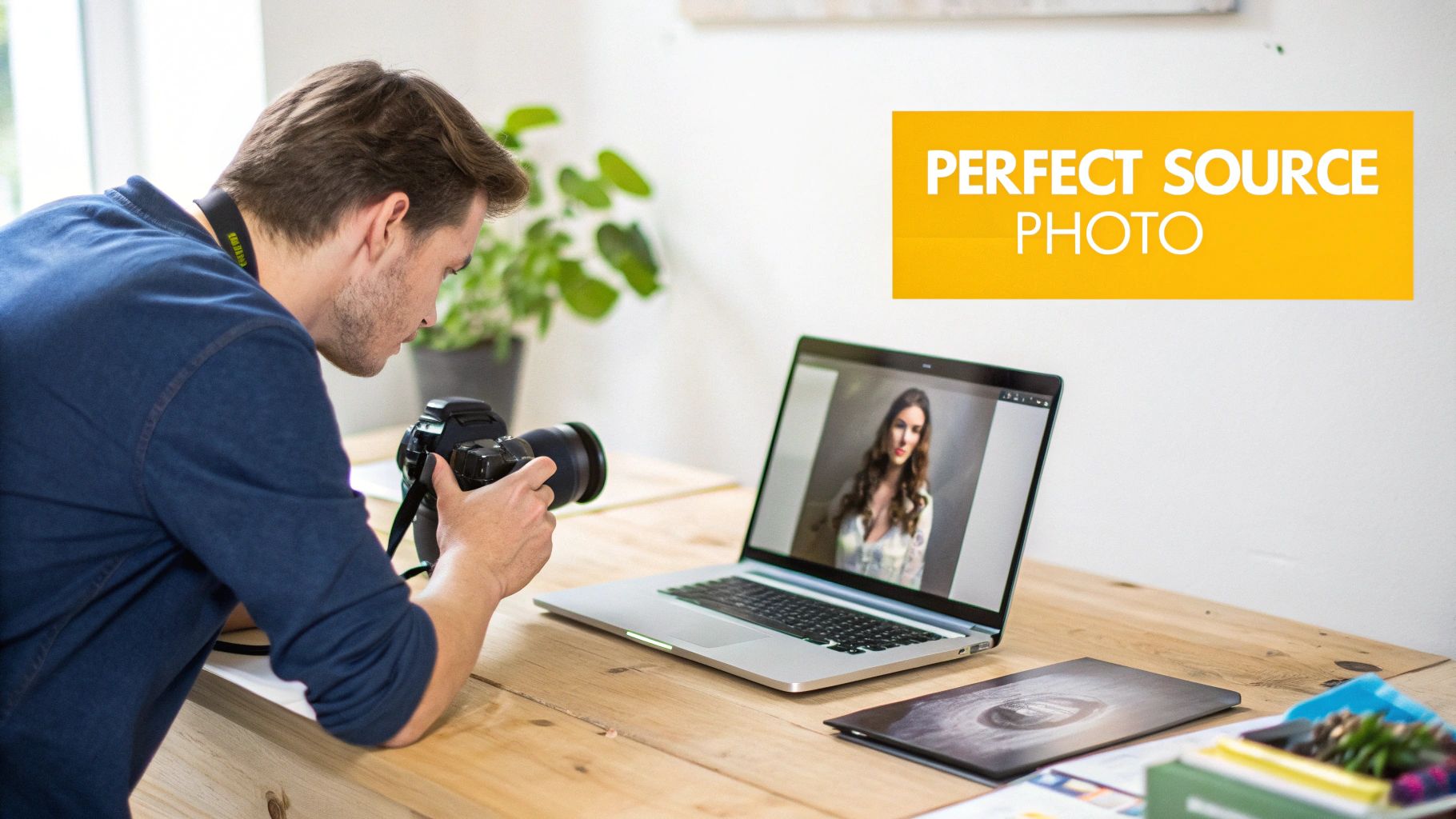 A photographer reviews digital images on a camera and a laptop showing a model's portrait.