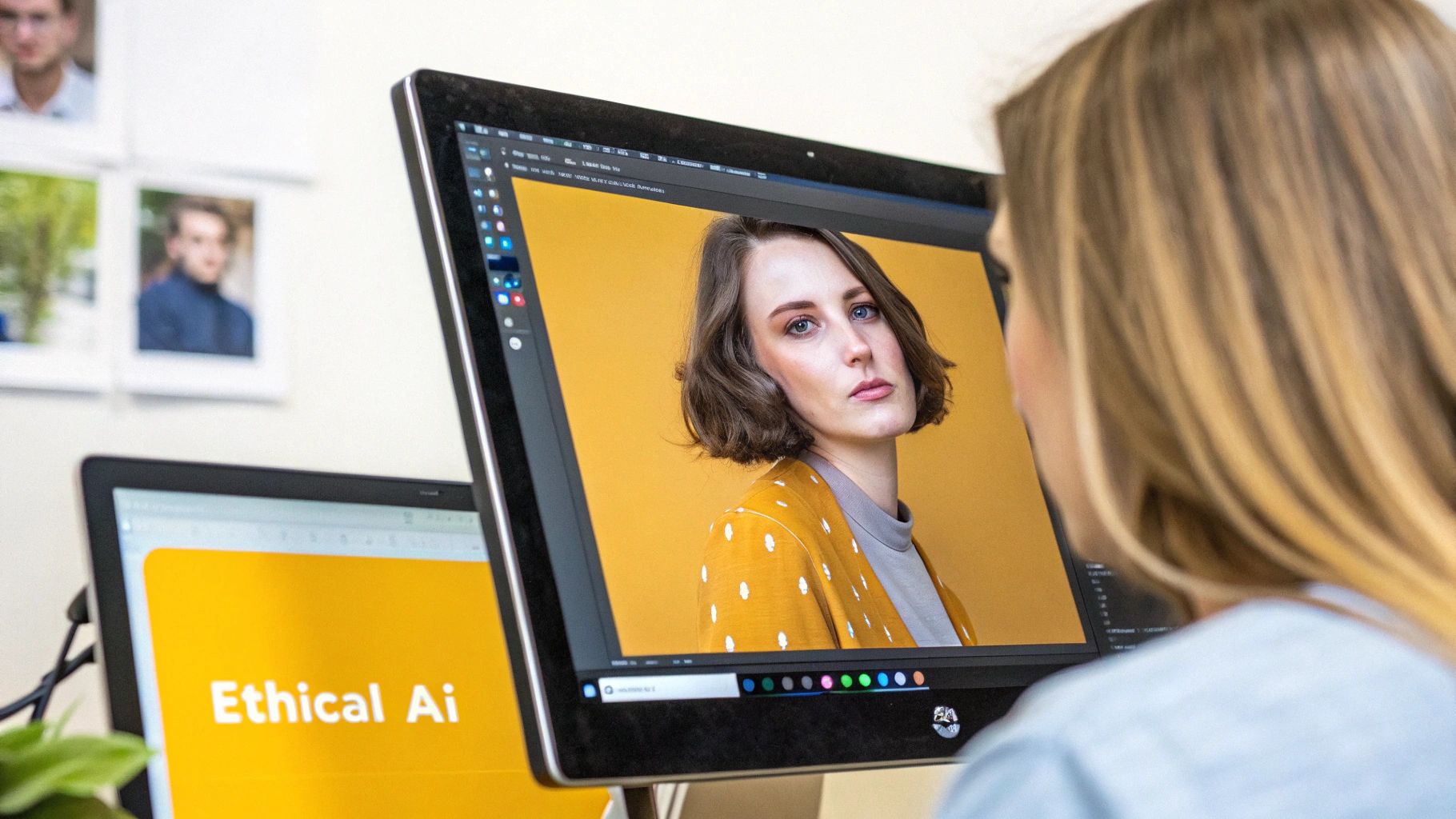 A person views a computer screen displaying a portrait of a woman, with 'Ethical Ai' on a laptop nearby.
