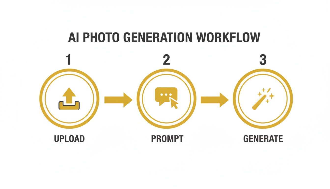 Diagram illustrating a three-step AI photo generation workflow: Upload, Prompt, and Generate.