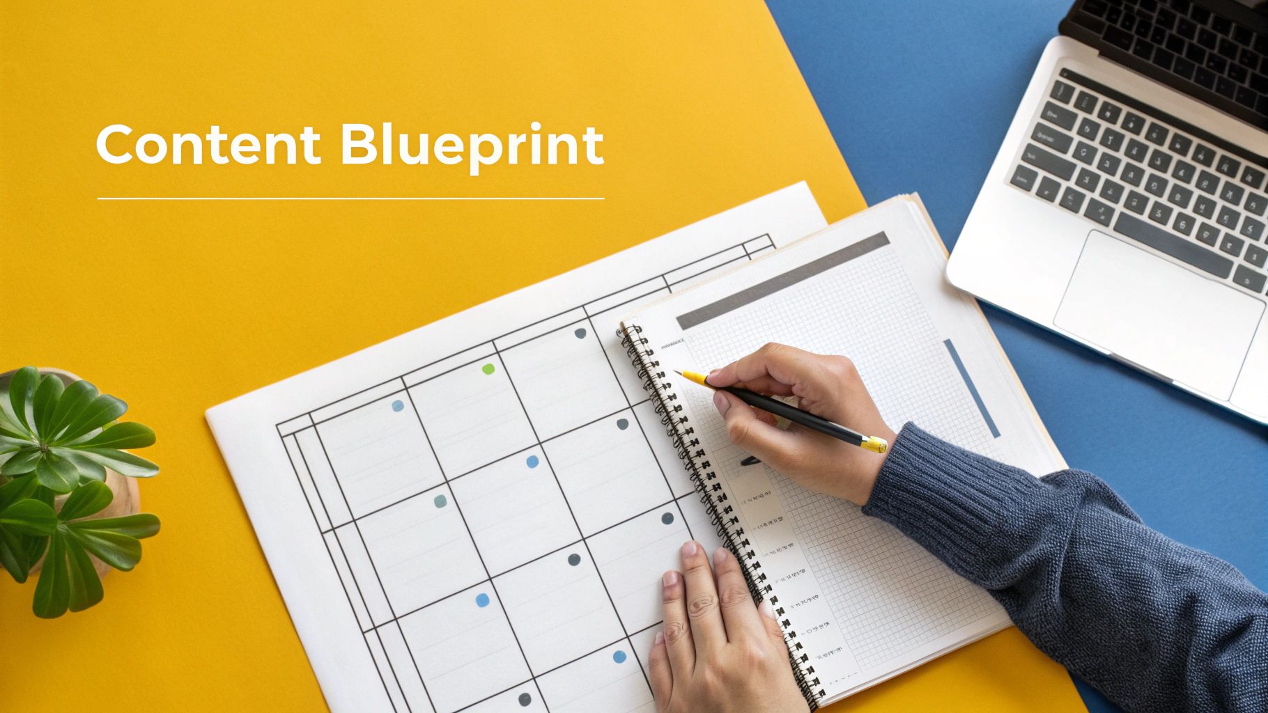 A person writes in a content blueprint planner on a desk with a laptop and plant.