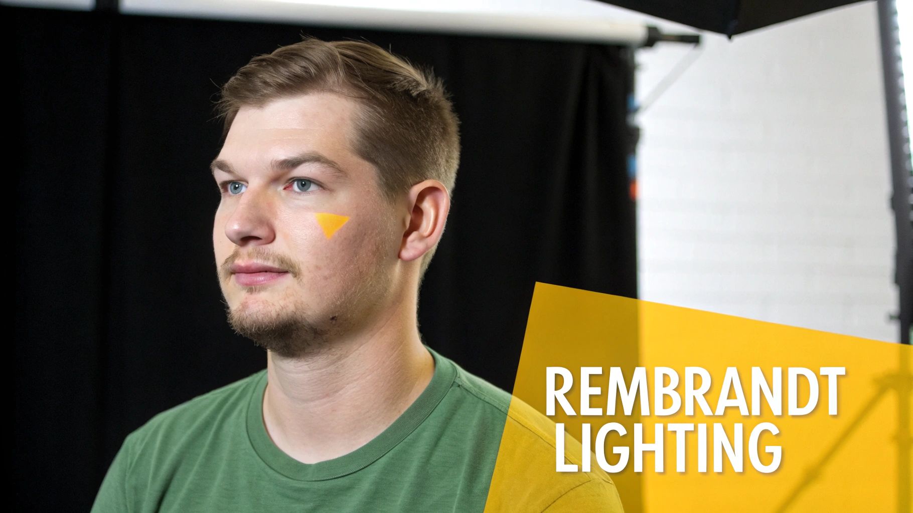 A man demonstrates Rembrandt lighting, with a small light triangle on his cheek and text overlay.