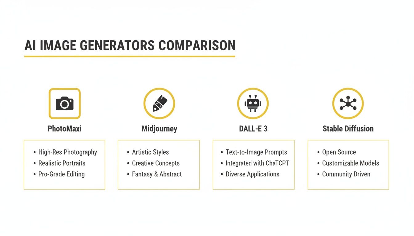 Comparison of AI image generators PhotoMaxi, Midjourney, DALL-E 3, and Stable Diffusion with their key features.