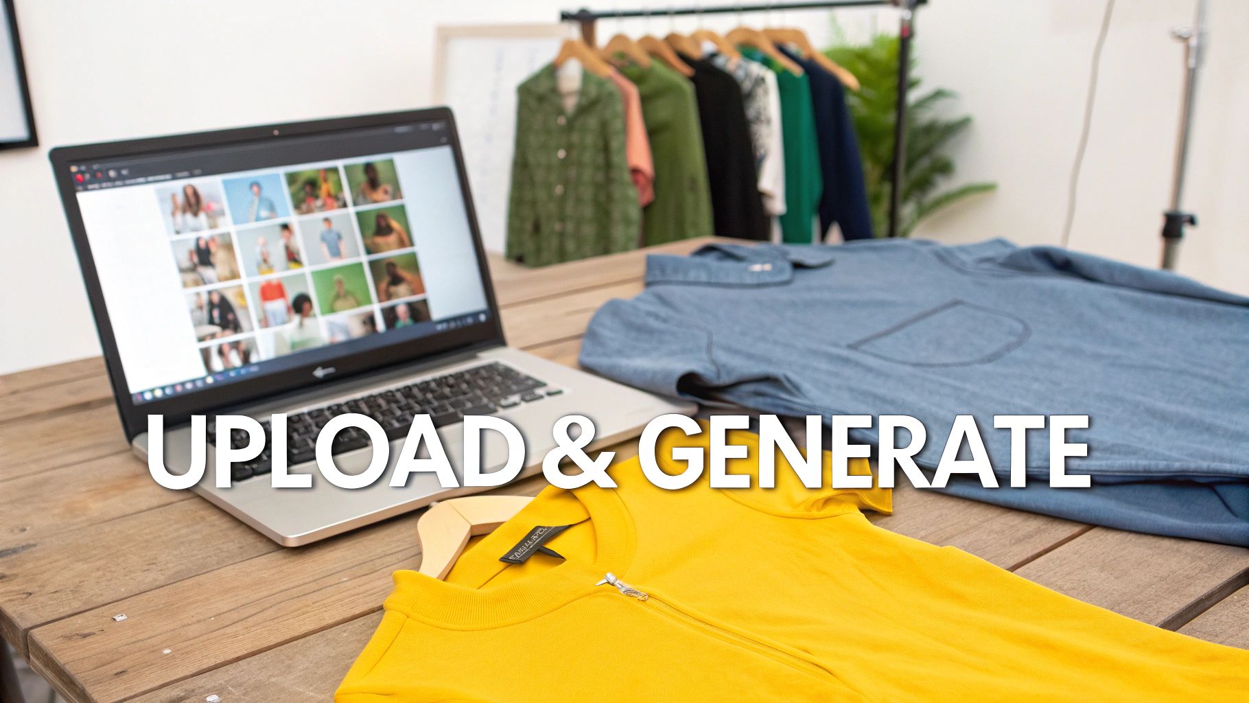 Laptop screen shows diverse models in outfits, next to clothing on a table, with 'UPLOAD & GENERATE'.