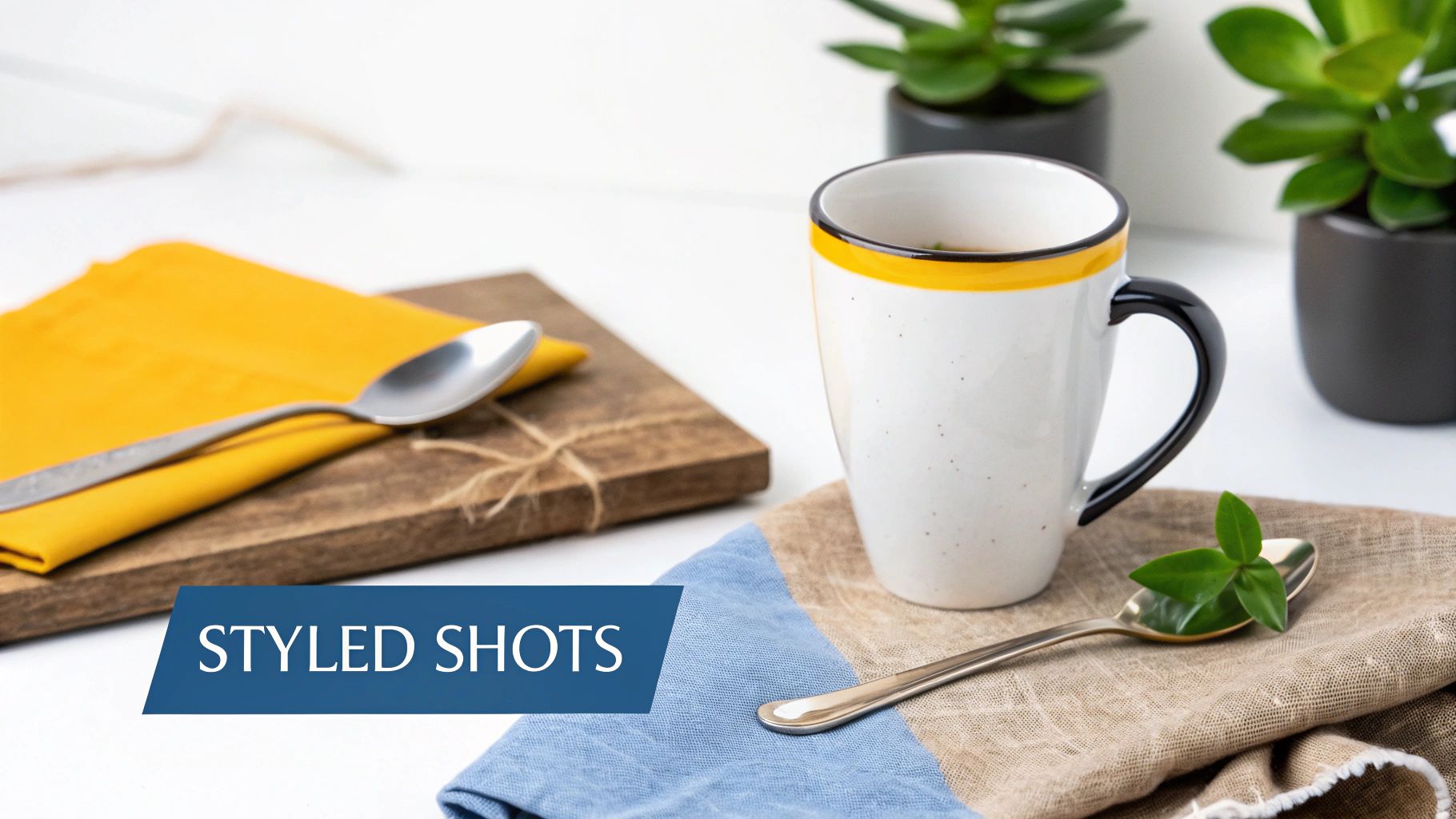 Styled flat lay photo of a white mug, spoons, and colorful napkins with potted plants.