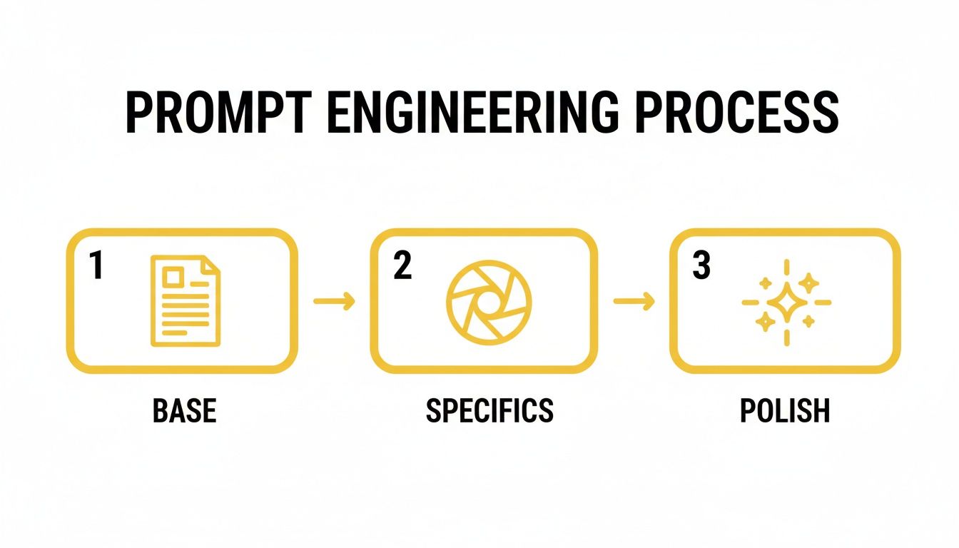 Diagram illustrating the prompt engineering process with three steps: Base, Specifics, and Polish.