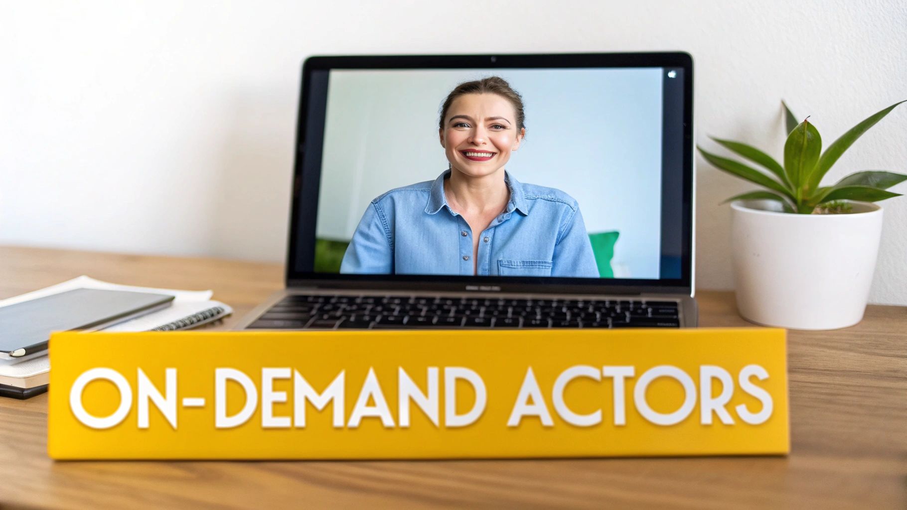 A smiling woman on a laptop video call, with an 'ON-DEMAND ACTORS' sign in front.