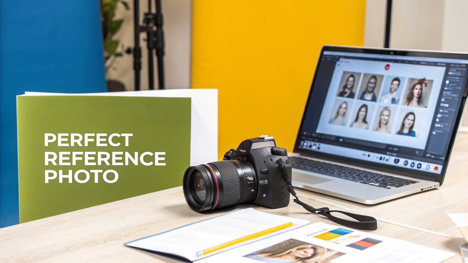 A professional photography setup with a DSLR camera, a laptop displaying diverse portraits, and a book titled 'Perfect Reference Photo' on a desk.