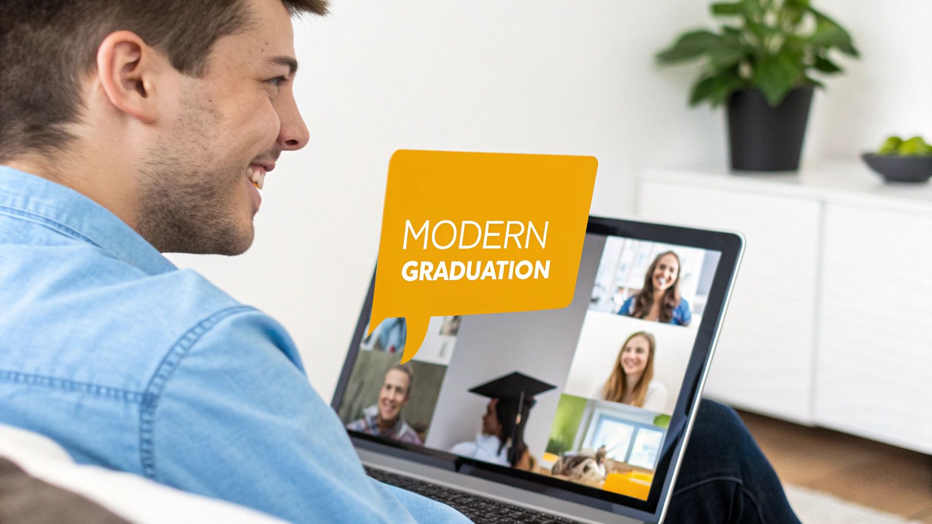 A man smiles while watching an online virtual graduation ceremony on his laptop with a "MODERN GRADUATION" text overlay.
