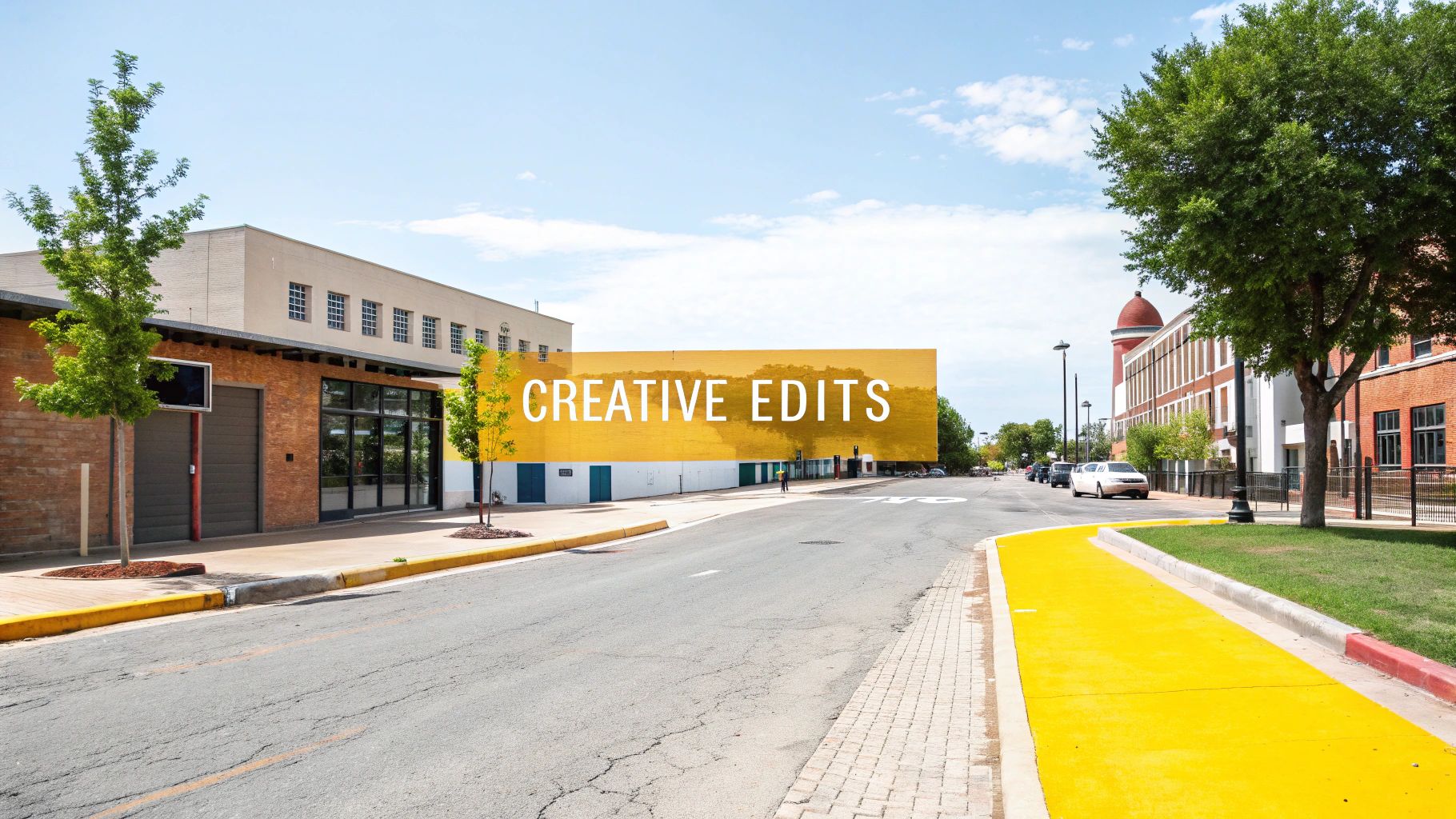 A vibrant street scene featuring city buildings, green trees, and a bright yellow path.