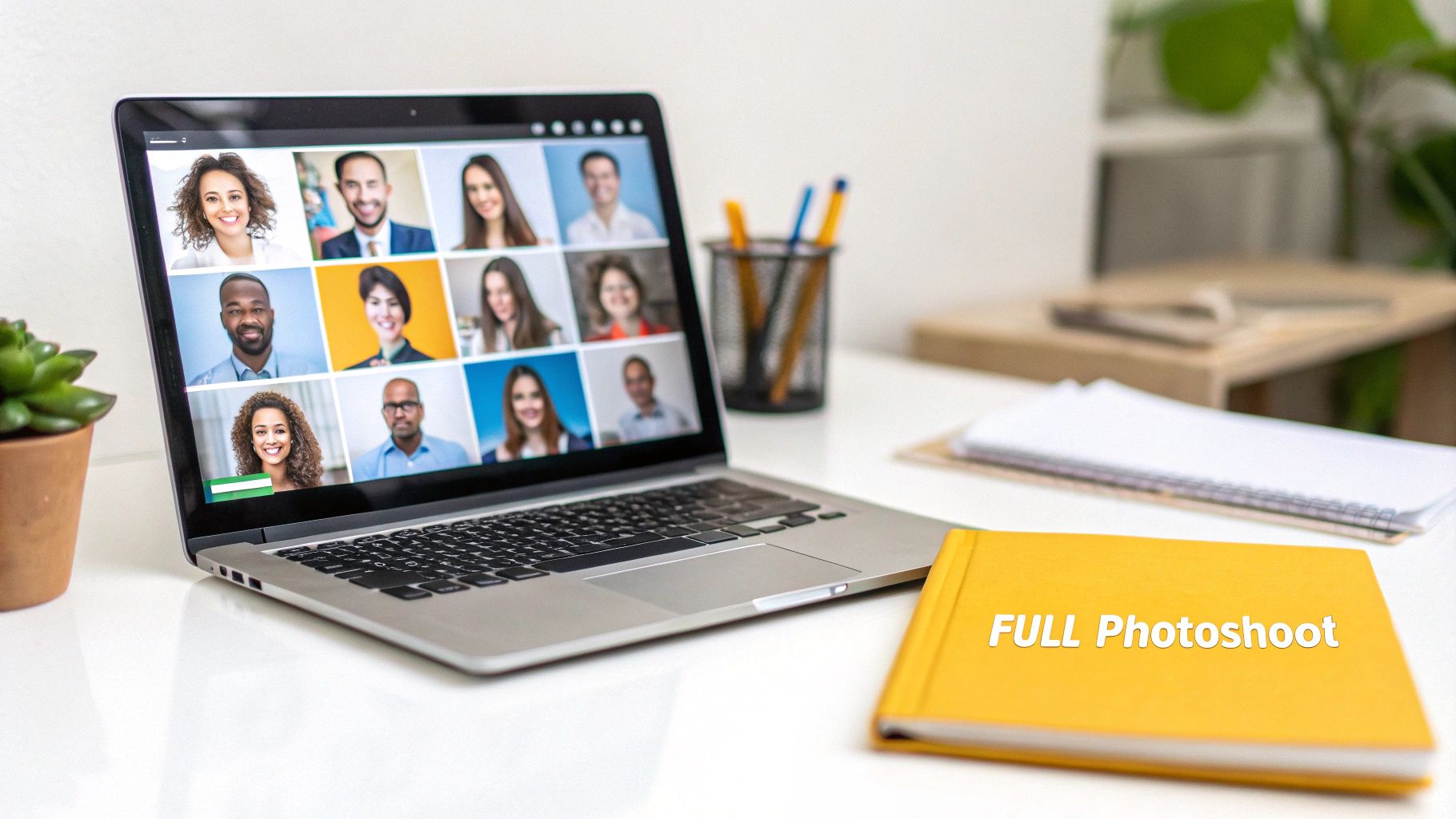 Video conference call on a laptop showing diverse people, with a yellow book and office supplies.