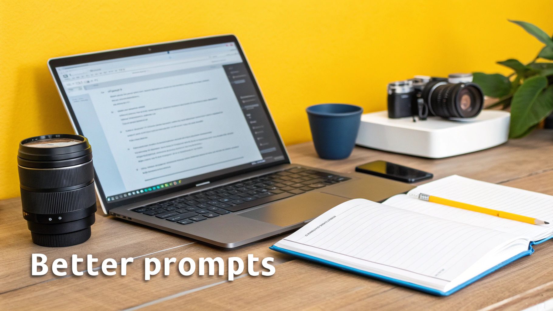 A creative workspace featuring a laptop, camera, lens, notebook with pencil, and smartphone on a wooden desk.