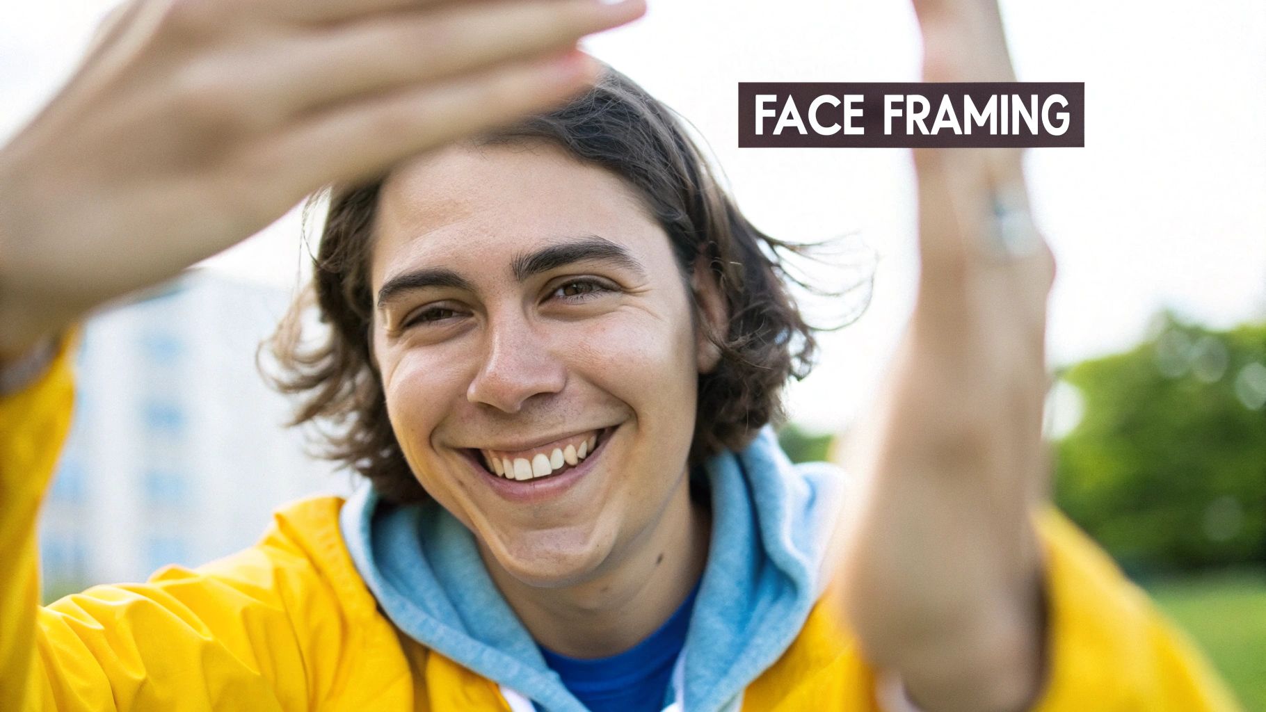 A happy young man in a yellow jacket smiles broadly, framing his face with his hands.