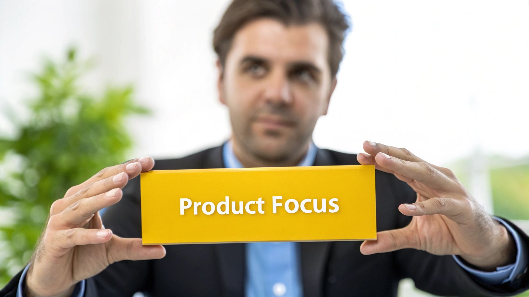 A businessman in a suit holds a yellow sign displaying the words "Product Focus" prominently.