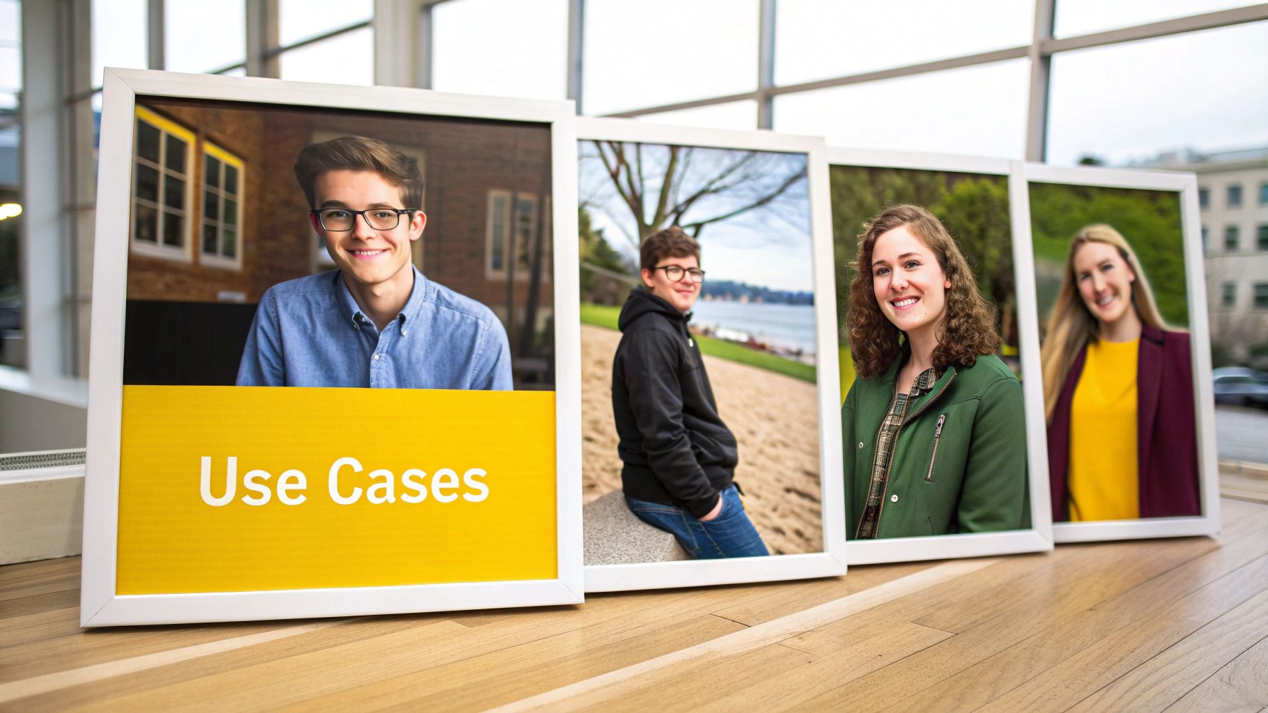 Four framed portraits of smiling young people on a wooden floor, with 'Use Cases' on the first frame.