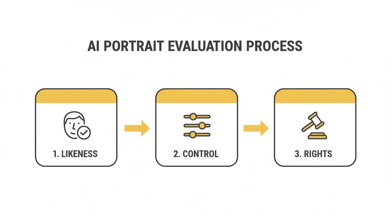 AI portrait evaluation process flowchart, detailing steps for likeness, control, and rights assessment.