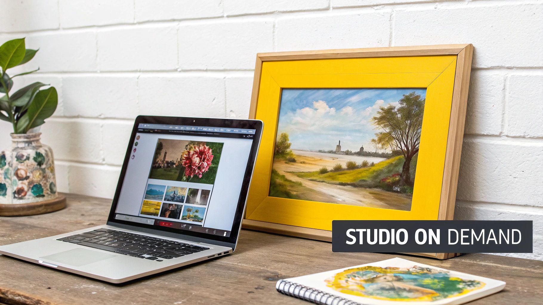 A laptop displaying photos on a wooden desk, next to a framed landscape painting and a plant.