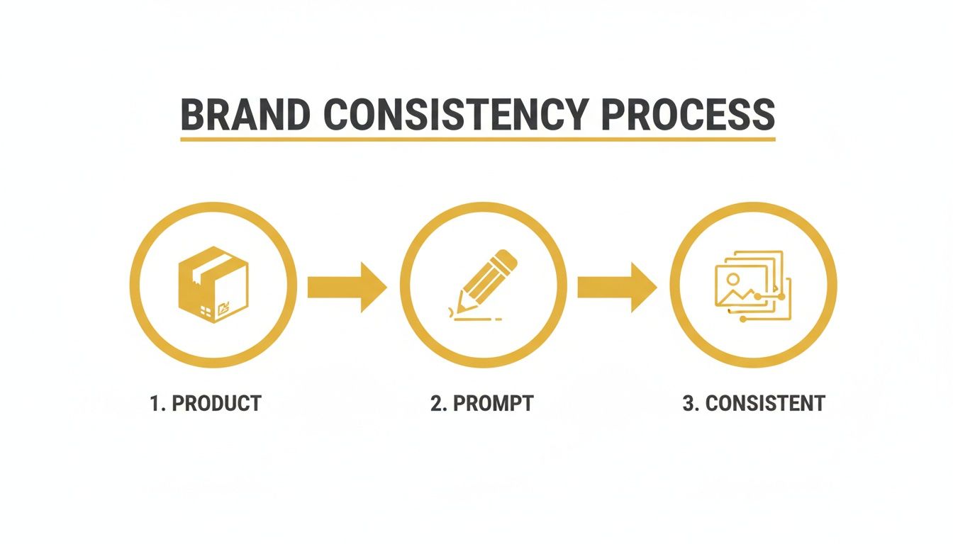 Flowchart illustrating the brand consistency process with steps: product, prompt, and consistent output.