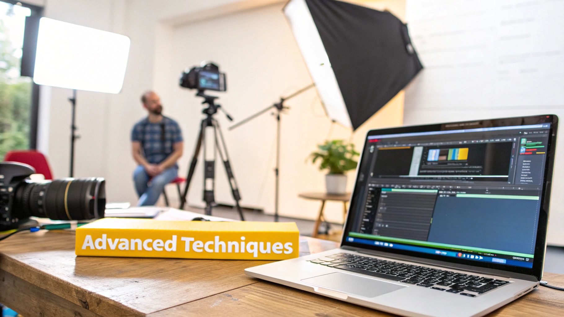 A studio setup with a man sitting, cameras, lights, and a laptop showing video editing software on a desk.