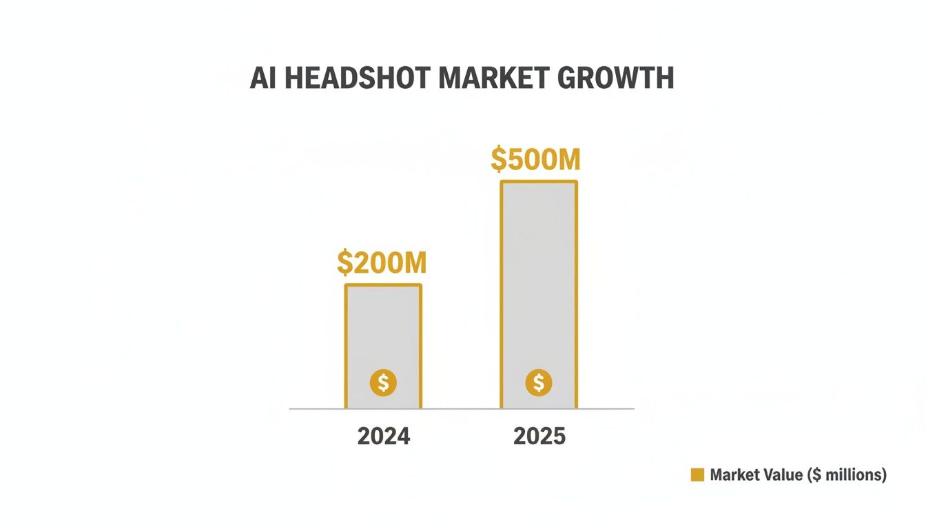 Bar chart showing AI headshot market growth from $200M in 2024 to $500M in 2025.