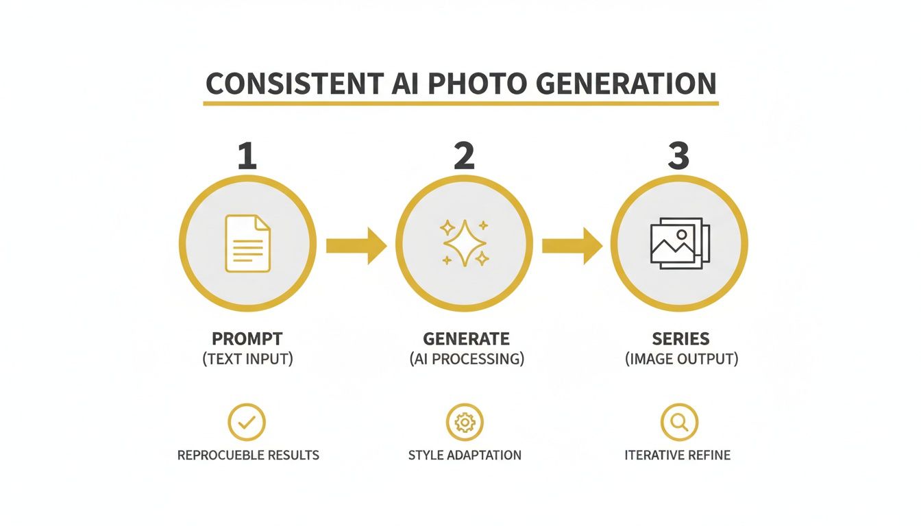 Diagram illustrating the 3-step consistent AI photo generation process from prompt to image output.