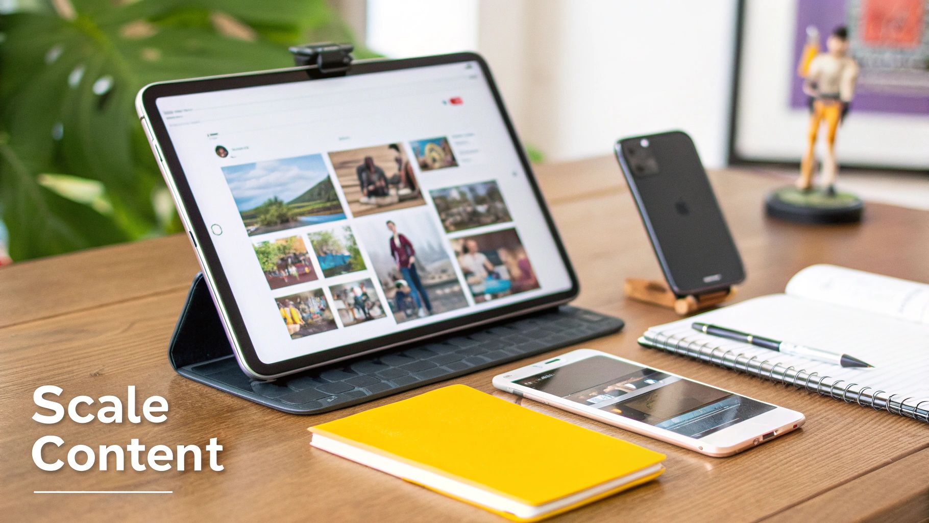 A modern workspace with an iPad displaying a photo gallery, two smartphones, notebooks, and a pen.