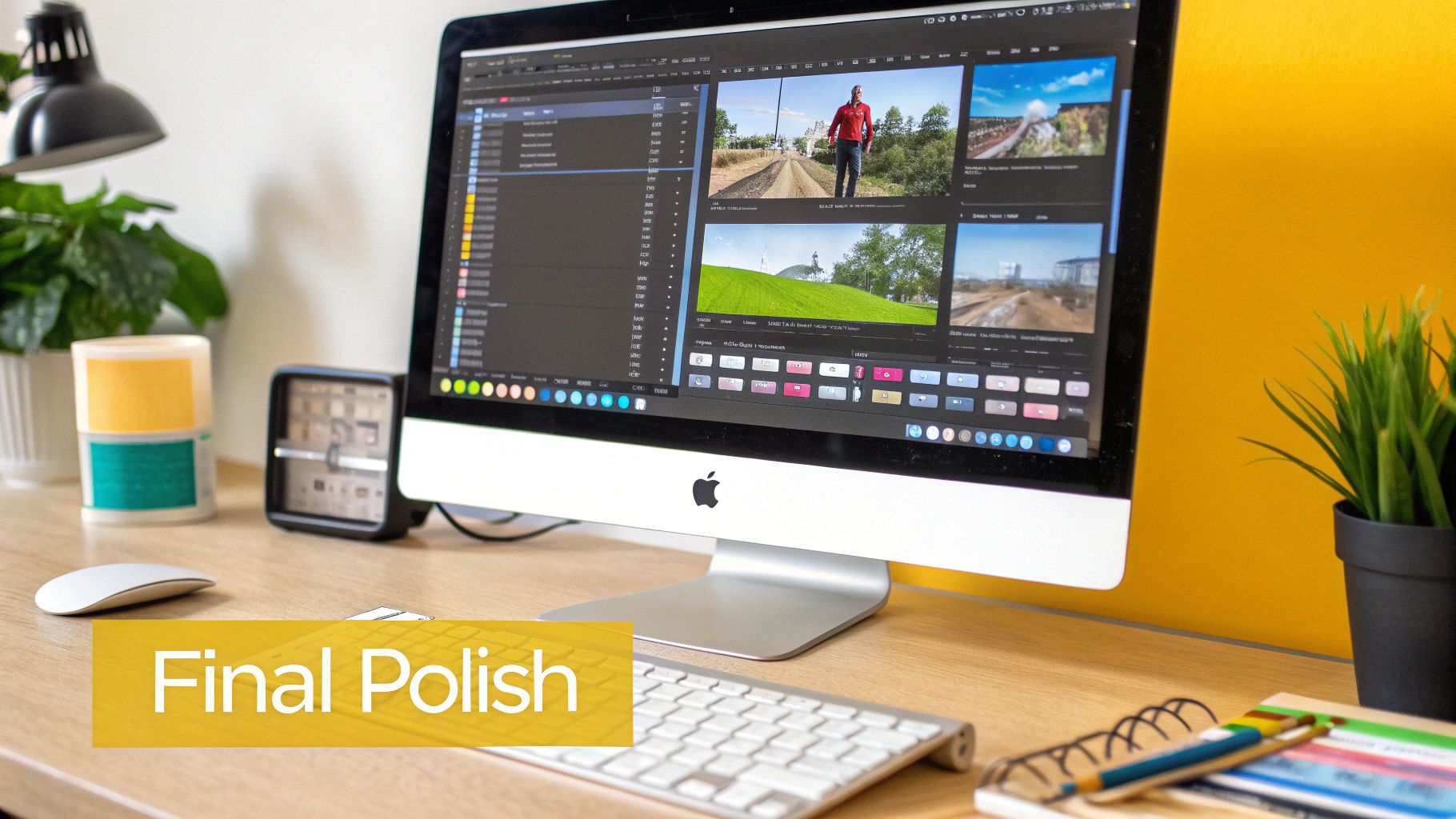 A desk with an Apple iMac showing video editing software, keyboard, mouse, and office supplies.