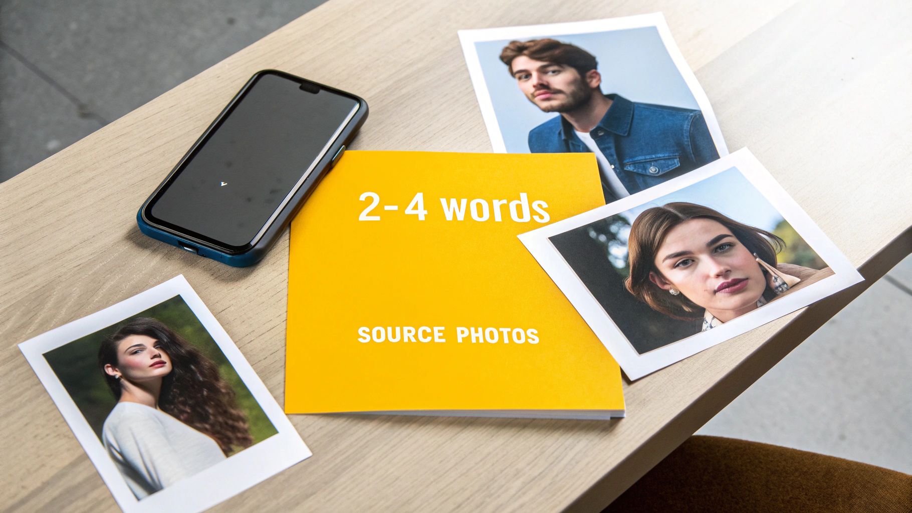 A smartphone, a yellow book, and three diverse AI-generated profile pictures are arranged on a light wooden table.