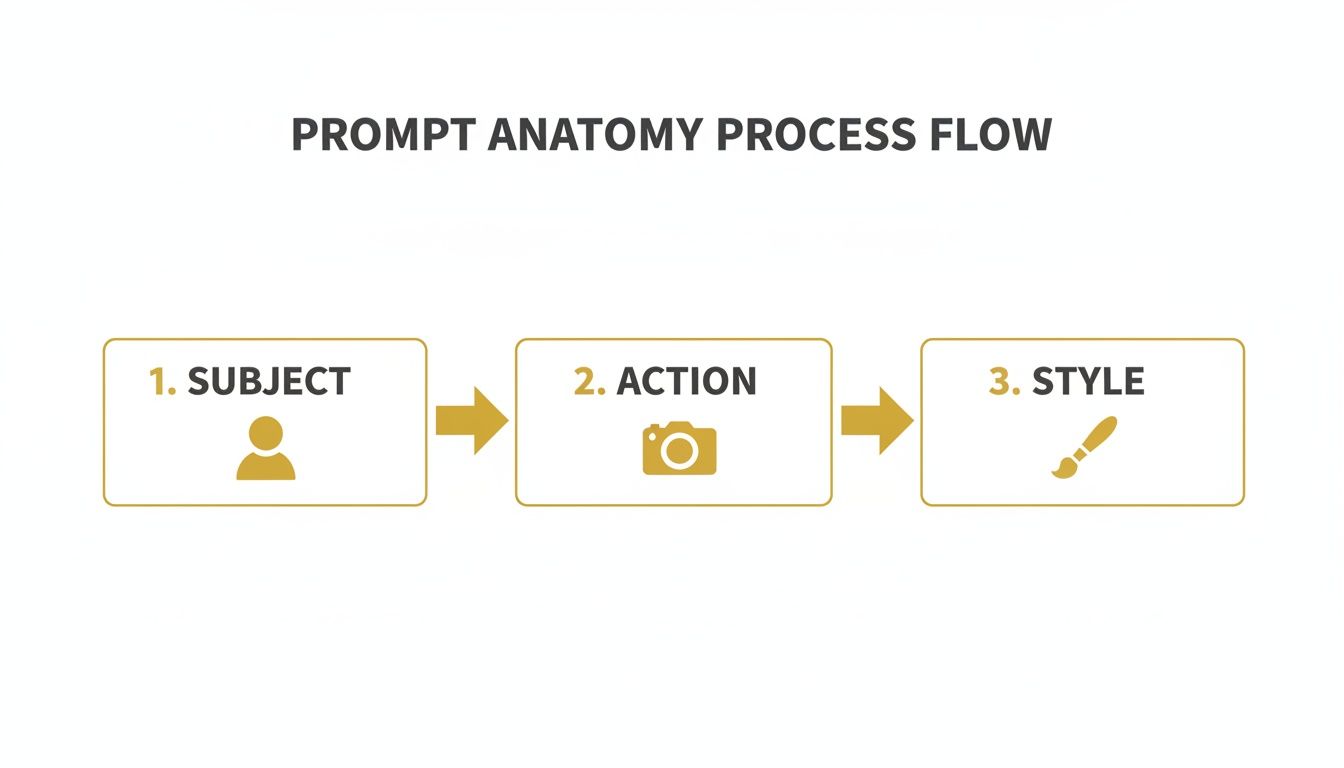 A prompt anatomy process flow illustrating three steps: Subject, Action, and Style, with icons.