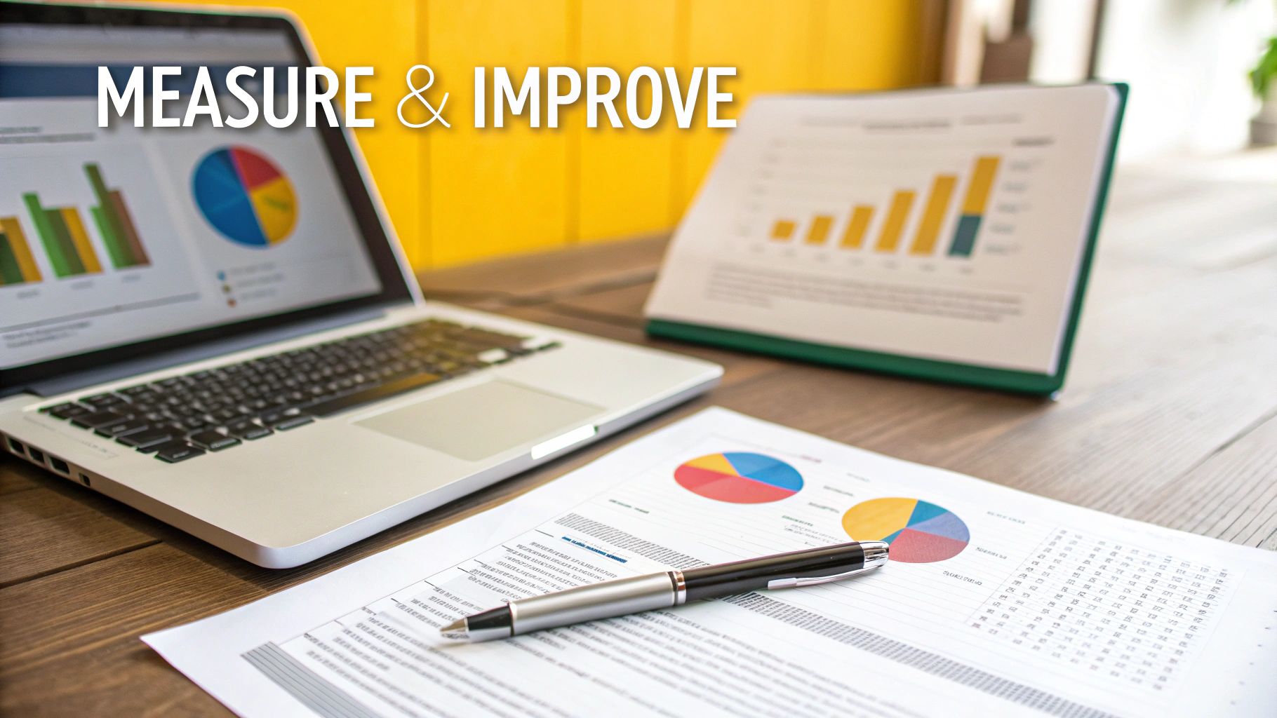 A desk setup with a laptop, documents, and a pen, displaying various data charts and graphs.