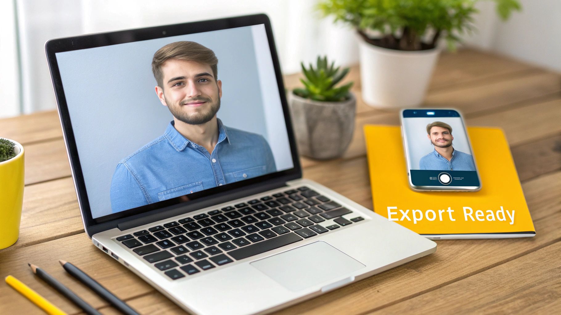 A laptop and smartphone display a smiling man's digital profile picture on a wooden desk.