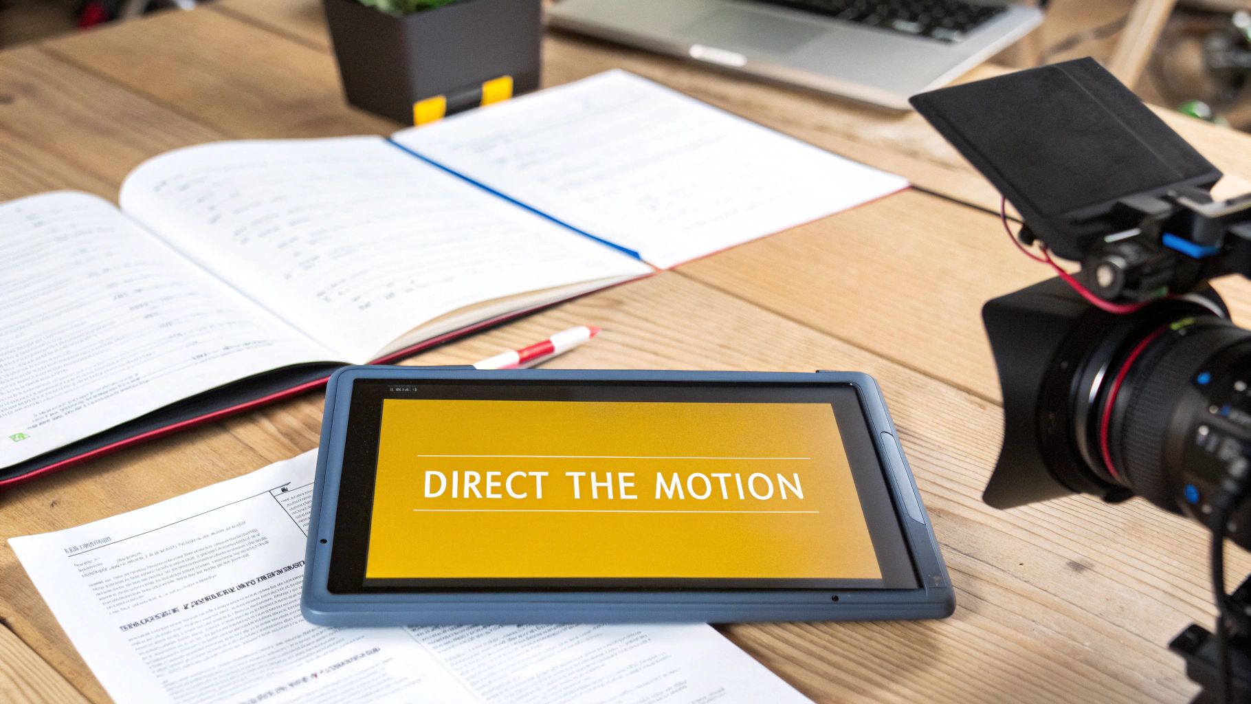 A tablet displaying 'DIRECT THE MOTION' on a desk, alongside a camera, notebook, and papers.
