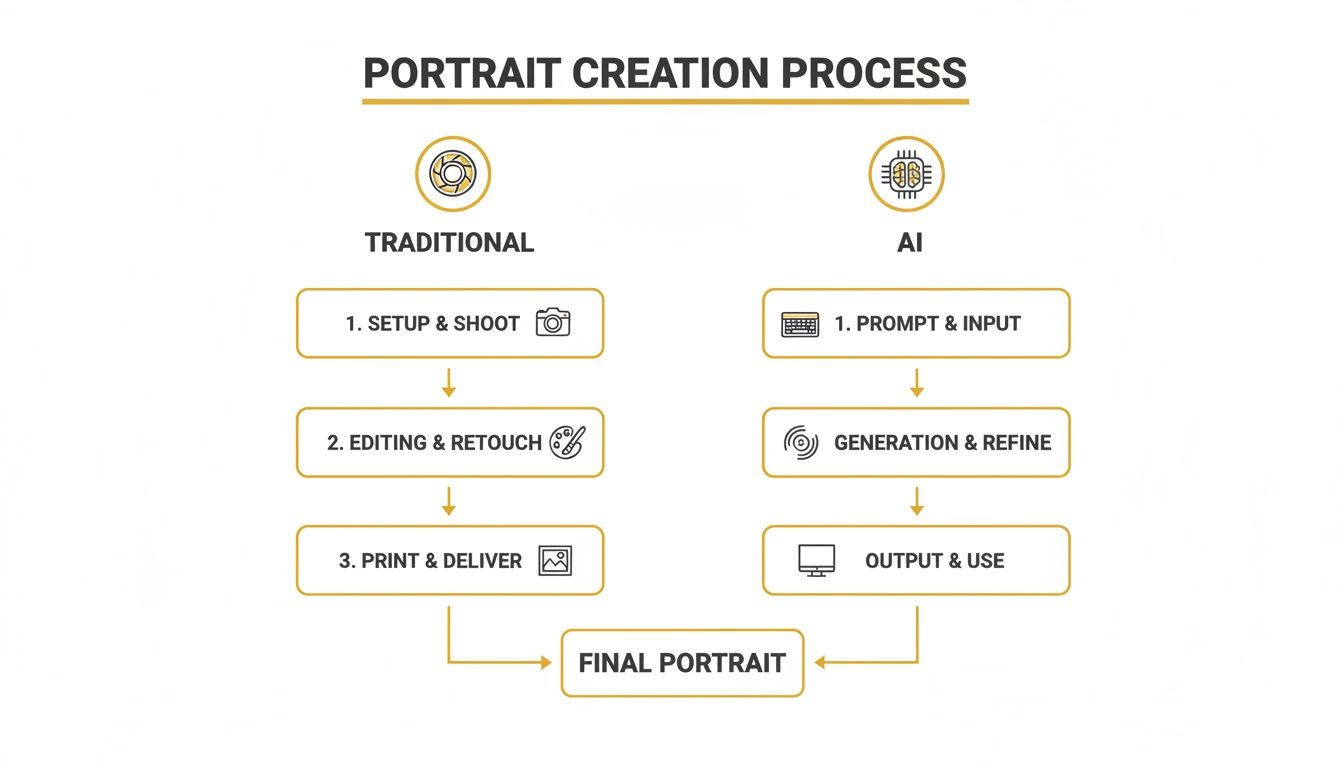 A diagram comparing the traditional and AI-driven portrait creation processes, showing distinct steps for each method.