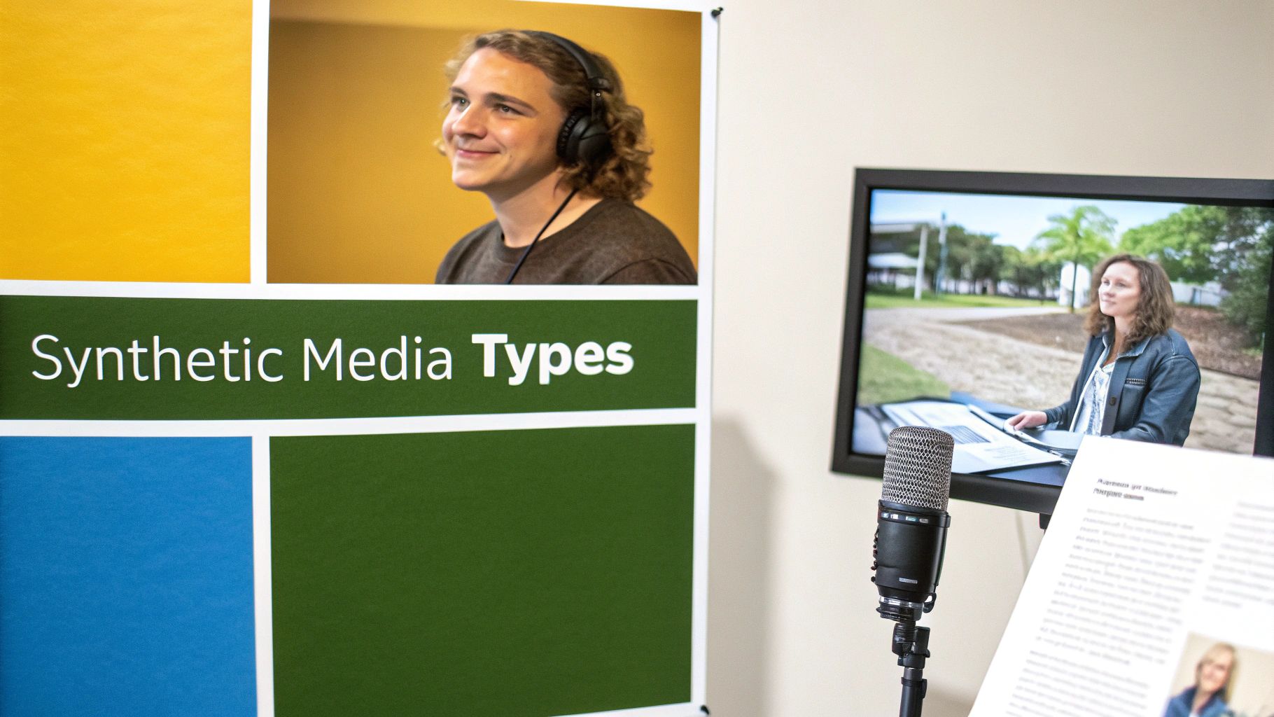 An exhibit showcasing synthetic media types, featuring a man with headphones, a woman on a screen, and a microphone.