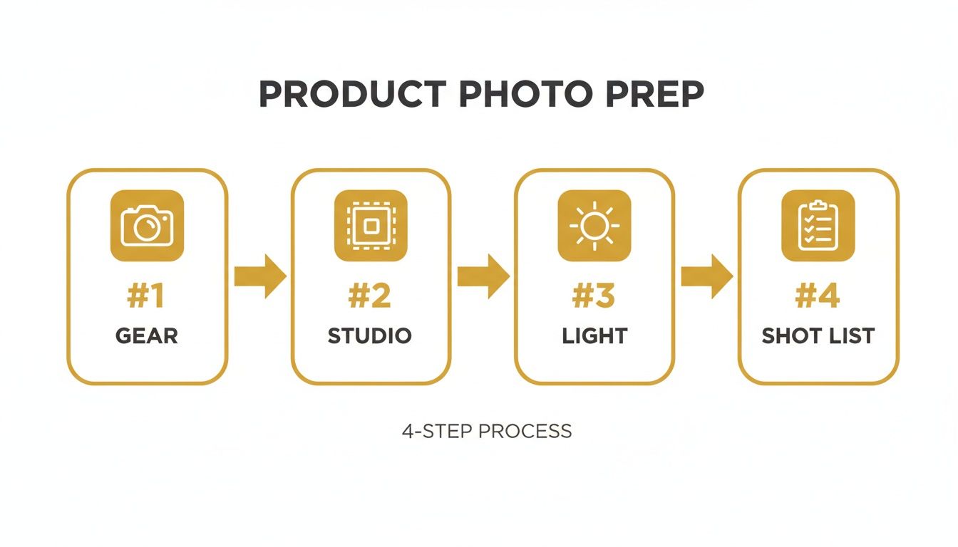 Infographic outlining a 4-step process for product photo preparation, covering gear, studio setup, lighting, and shot list.
