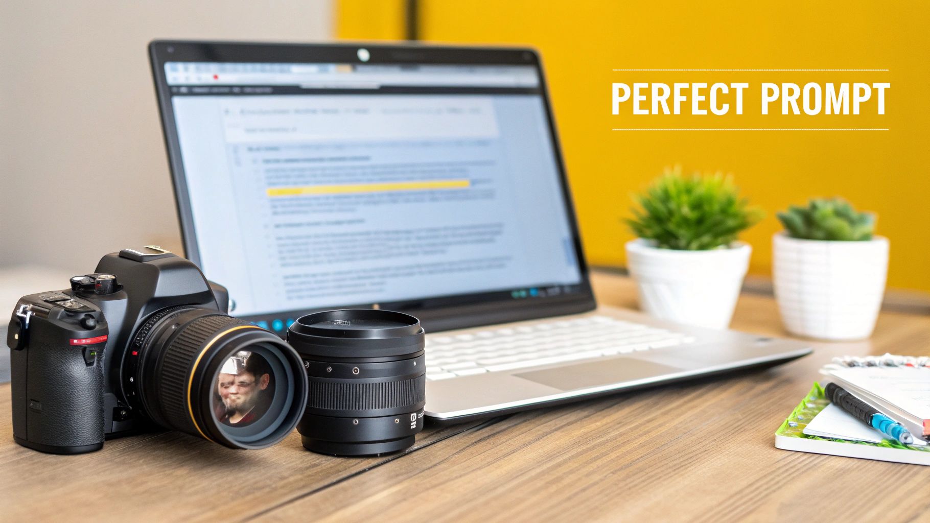 A camera, lenses, and a laptop on a wooden desk with "PERFECT PROMPT" on a yellow wall.