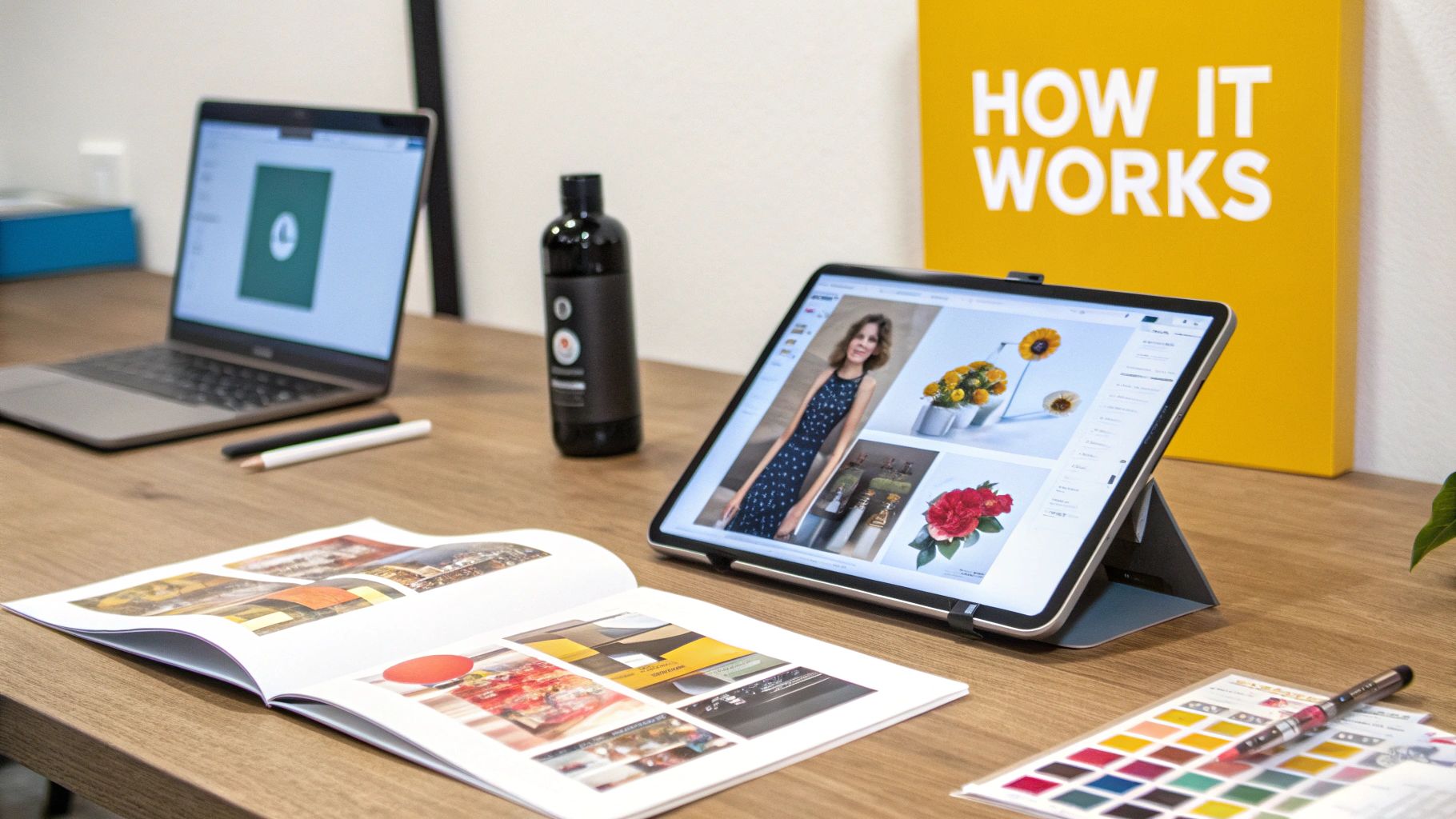 A professional workspace with a laptop, tablet displaying product images, a magazine, and color swatches.