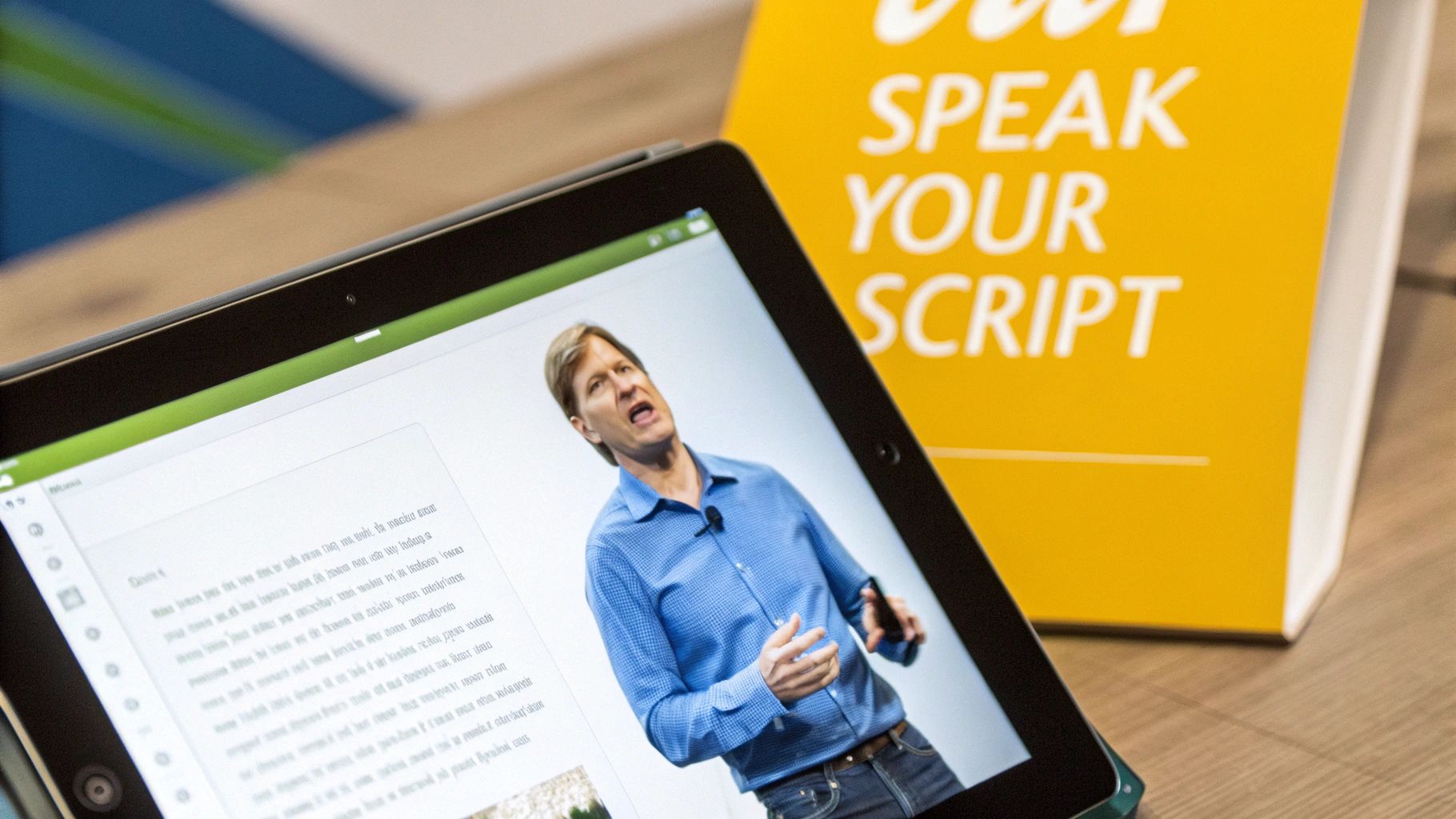 A tablet screen displays a man speaking, with a yellow 'Speak Your Script' book behind it.