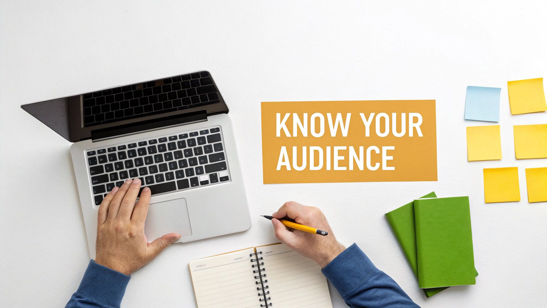Overhead view of a person using a laptop and writing in a notebook, next to a 'KNOW YOUR AUDIENCE' sign.