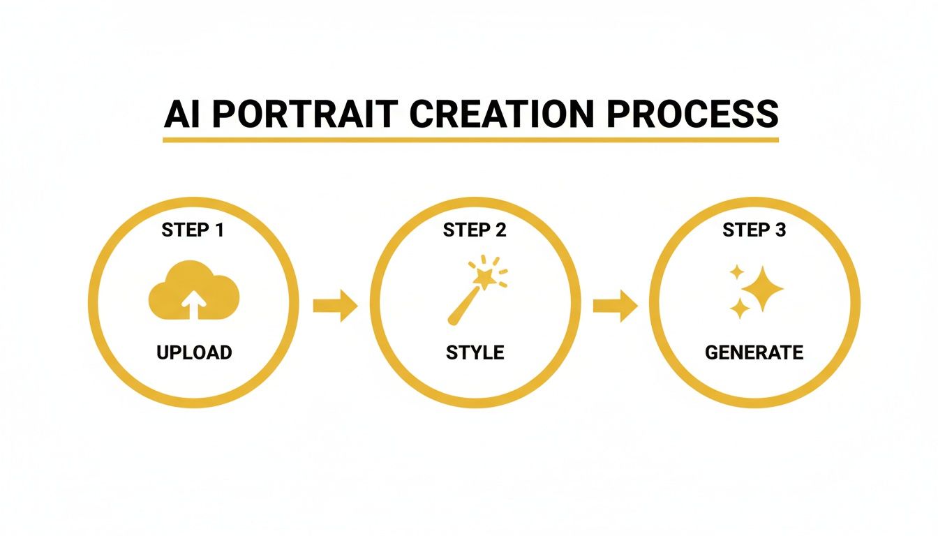 Diagram illustrating the AI portrait creation process with three steps: Upload, Style, and Generate.